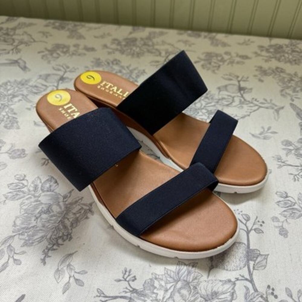 Italian Shoemakers Navy Blue Elastic Strap Low Wedge Sandals Made in Italy Sz 9